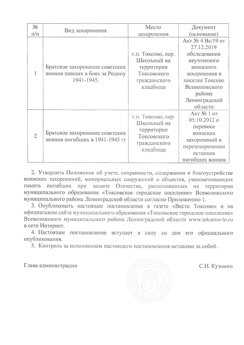 О постановке на учет воинских захоронений, находящихся на территории муниципального образования  "Токсовское городское поселение" Всеволожского муниципального района Ленинградской области, и утверждении Положения об учете, сохранности, содержании и благоустройстве воинских захоронений, мемориальных сооружений и объектов, увековечивающих память погибших при защите Отечества, расположенных на территории муниципального образования  "Токсовское городское поселение" Всеволожского муниципального района Ленинградской области